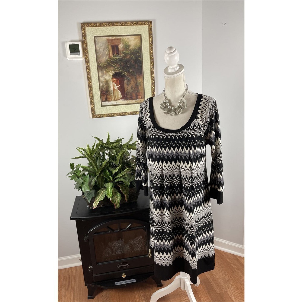 Rabbit Rabbit Rabbit Designs Women Black White Dress XL Raglan Sleeve Scoop Neck